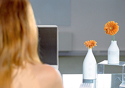 女人,书桌,橙花,后视图