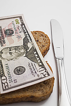 美国,50美元,钞票,面包,不锈钢,刀