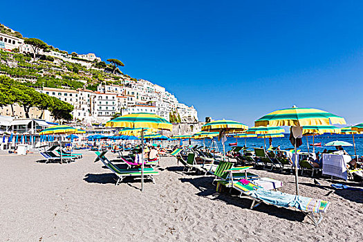 休闲椅,彩色,阳伞,海滩,正面,阿马尔菲,阿马尔菲海岸,意大利