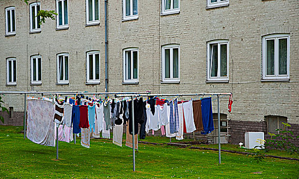 洗衣服,悬挂,户外,正面,公寓,杜塞尔多夫,莱茵兰,北莱茵威斯特伐利亚,德国,欧洲