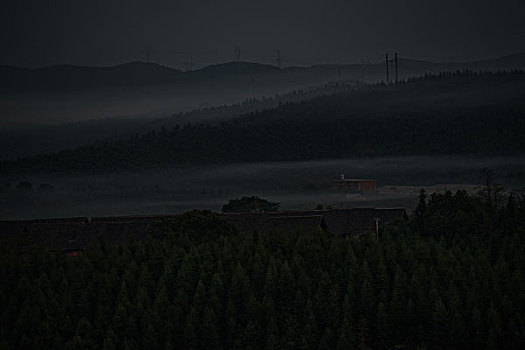 群山,树林,蓝天,烟,雾霾,风光,美景,黄花,树,农舍,农村,大山