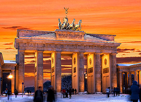 柏林,勃兰登堡门,冬天,日落