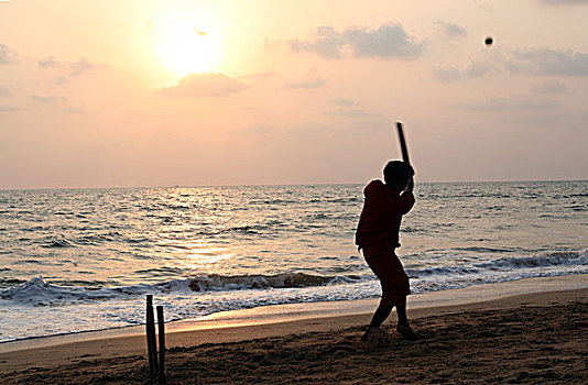 玩,板球,国家,运动,印度,安朱纳,海滩,日落,果阿,亚洲