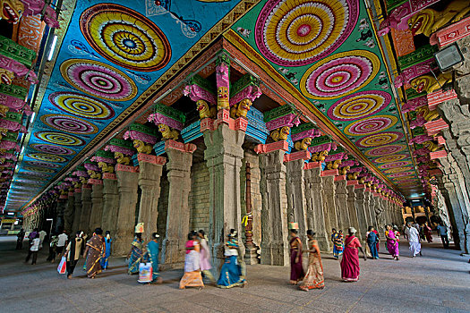 彩色,涂绘,天花板,石头,柱子,庙宇,大厅,安曼,马杜赖,泰米尔纳德邦,印度,亚洲