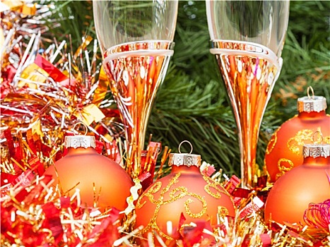 两个,玻璃杯,金色,圣诞节,装饰,树