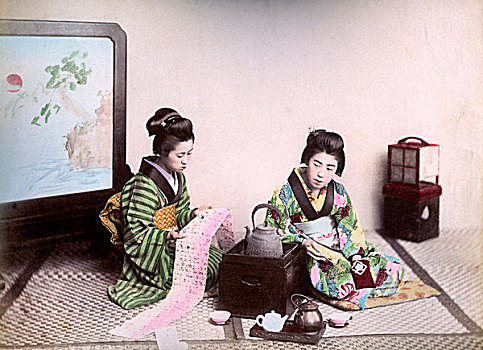 两个,艺妓,读,喝,茶,日本,亚洲