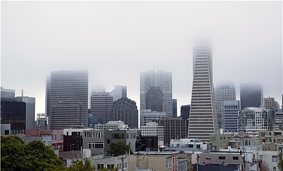 雾,重,上方,写字楼,市区,旧金山,加利福尼亚