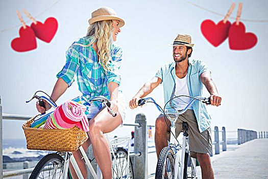 合成效果,图像,情侣,骑自行车,海滩,心形,悬挂,线条