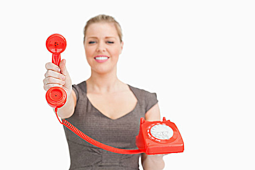 女人,展示,红色,复古,电话,白色背景