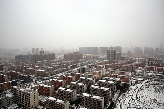 山东省日照市,狂风暴雪席卷港城,港口生产受阻,红色矿石堆场变身,雪山