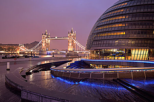 市政厅,设计,诺曼福斯特,塔桥,背影,黄昏,伦敦,英格兰,英国,欧洲