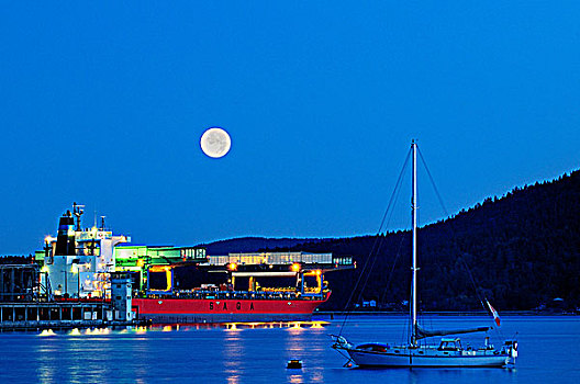货船,帆船,满月,湾,不列颠哥伦比亚省,加拿大