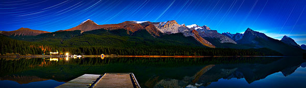 星空,全景,山峦,湖,碧玉国家公园,艾伯塔省,加拿大