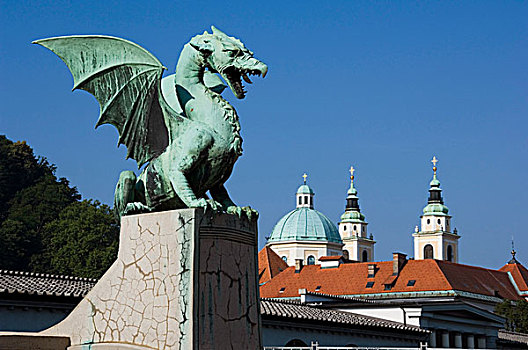 龙,雕塑,基座,桥,卢布尔雅那,斯洛文尼亚
