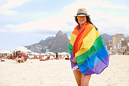 头像,成年,女人,彩色,旗帜,伊帕内玛海滩,里约热内卢,巴西
