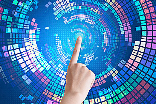 触摸未来,手指触摸屏幕,由多彩色块组成旋转的抽象背景