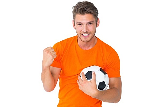 兴奋,男人,橙色,欢呼,拿着,足球