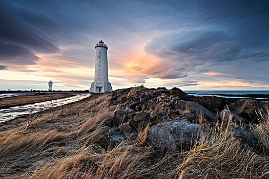 灯塔,冰岛,气氛,蓝色,涂绘,石头,海洋,云,生动