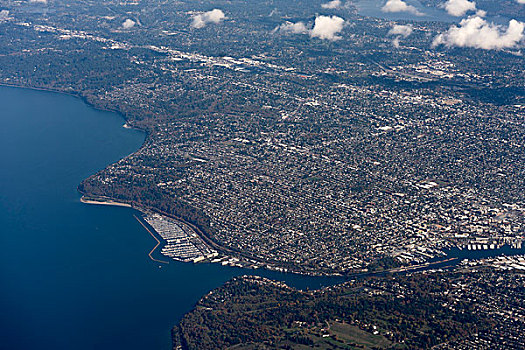 美丽的鸟瞰太平洋西北部城市西雅图,华盛顿,美国的,市区都市区与普吉特海湾