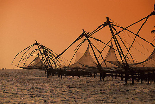 印度,湾,中国,渔网,日落