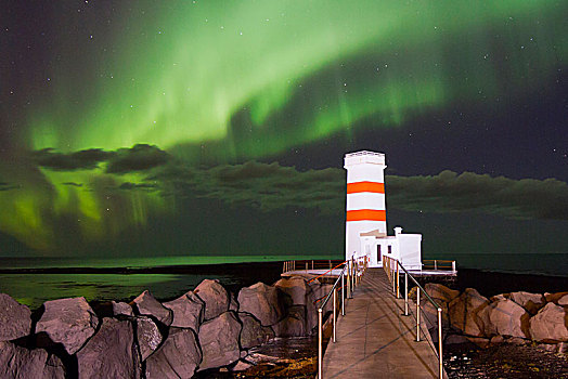 壮观,北极光,高处,灯塔,冰岛
