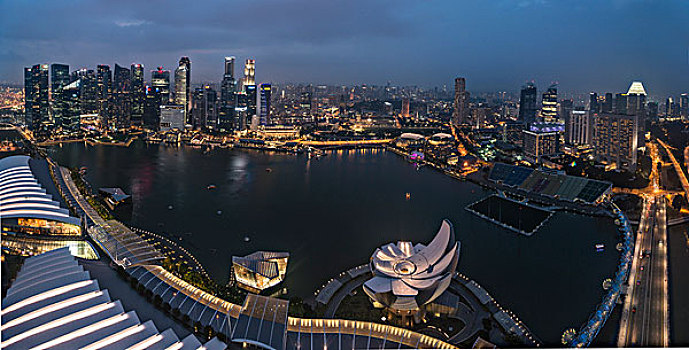 码头,湾,博物馆,夜晚,市区,金融区,摩天大楼,新加坡,亚洲