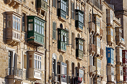 彩色,木质,凸窗,建筑,街道,历史,中心,瓦莱塔市,马耳他,欧洲