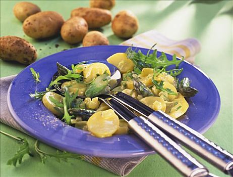 土豆,芦笋沙拉,芝麻菜,蓝色背景,盘子