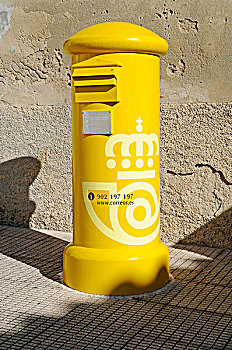 黄色,邮箱,柱子,白色海岸,阿利坎特省,西班牙,欧洲