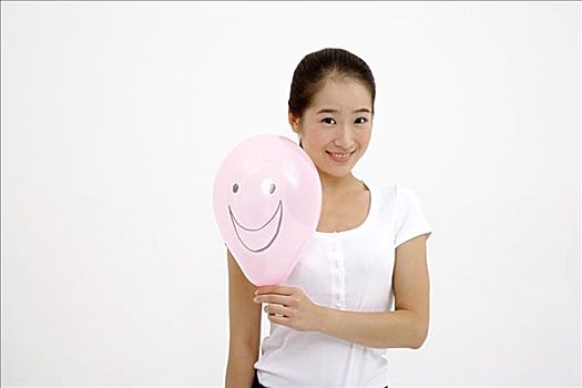 女人,拿着,粉色,气球,笑脸