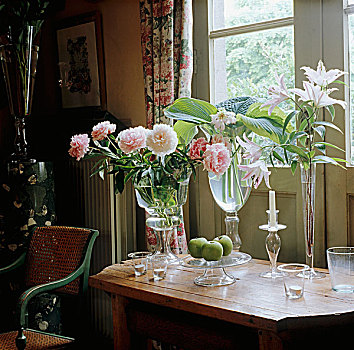 新鲜,切削,百合,牡丹,玫瑰,花园,放置,序列,玻璃花瓶,桌子