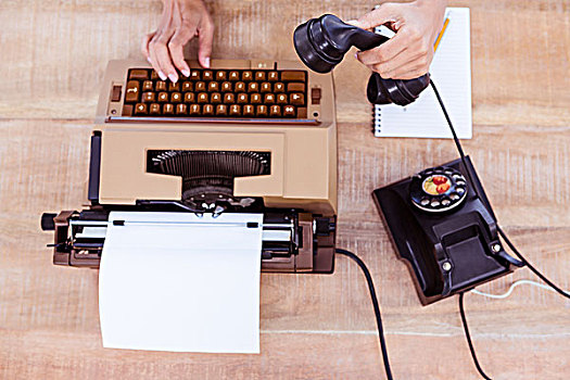 俯视,打字机,老,电话,木质,书桌