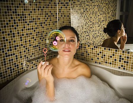 女人,沐浴,看,泡泡
