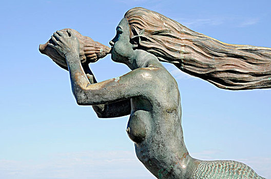 雕塑,美人鱼,吹,壳,半岛,桑坦德,坎塔布里亚,西班牙,欧洲