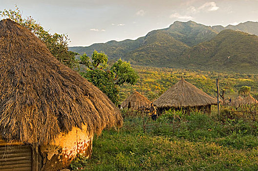 埃塞俄比亚,奥莫,区域,茅草屋顶,屋顶,房子,部落,乡村,绿色,风景,山,背景