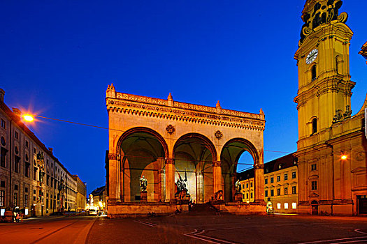 统帅堂,建筑,晚间,慕尼黑,巴伐利亚,德国,欧洲