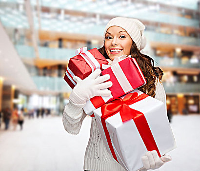 高兴,寒假,圣诞节,人,概念,微笑,少妇,圣诞老人,帽子,礼物,上方,购物中心,背景
