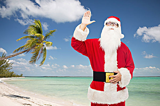 圣诞节,休假,手势,旅行,人,概念,男人,服饰,圣诞老人,摆动,表针,上方,热带沙滩,背景
