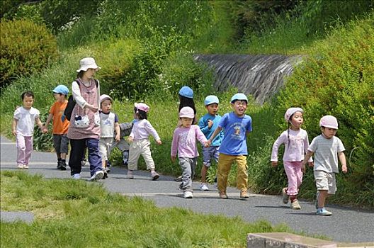 幼儿园,孩子,2-5岁,老,旅游,河,京都,日本,亚洲