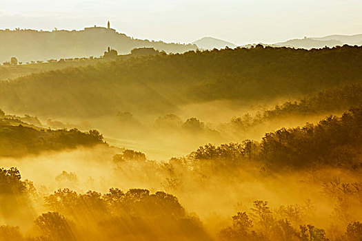 风景,早晨,雾,圣奎里克,瓦尔道尔契亚,托斯卡纳,意大利,欧洲