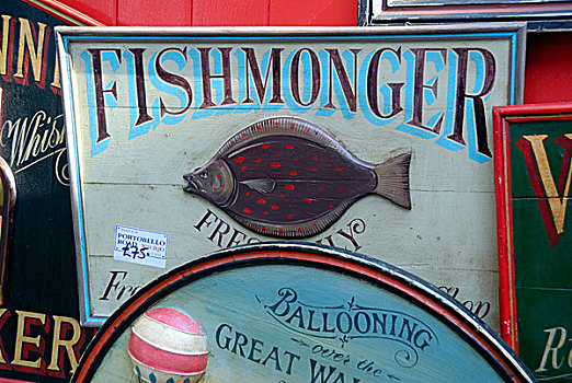 英格兰,伦敦,波多贝罗路,老式,鱼贩,标识,出售,波多贝露市场