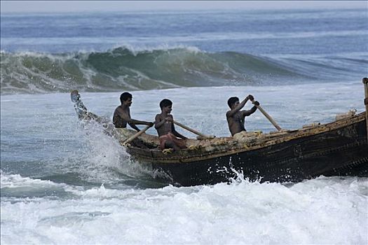 印度,喀拉拉,特里凡得琅,捕鱼者,海滩,南,划船,木质,渔船,海浪,地表水流