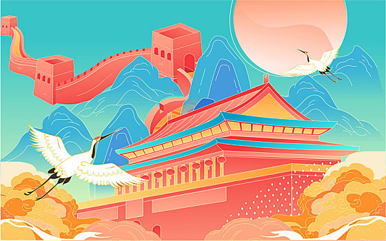 國慶節海報國慶長假黃金周城市景點旅游插畫