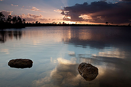 日落,上方,湖,沼泽,大沼泽地国家公园,佛罗里达,美国