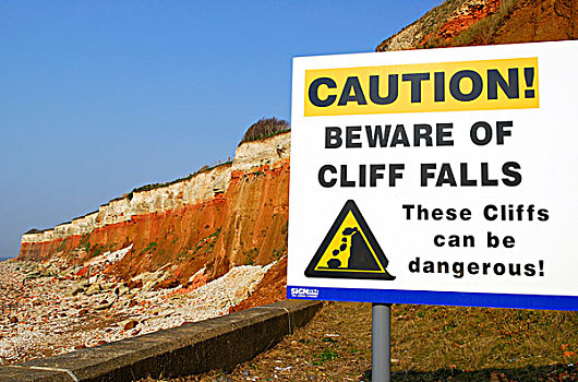 悬崖,警告标识,诺福克,英格兰,英国,欧洲