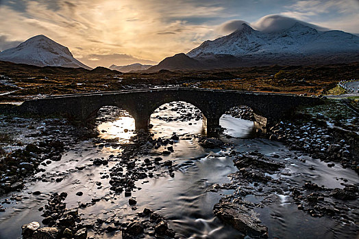 桥,积雪,顶峰,岛,天空,苏格兰,英国,欧洲