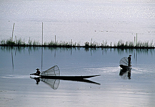 剪影,两个人,捕鱼,湖,茵莱湖,缅甸