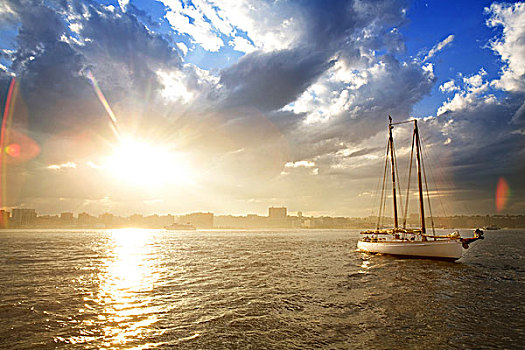 日落,上方,水,帆船