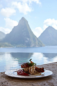 新鲜,龙虾食品,风景,皮通山,圣卢西亚,加勒比
