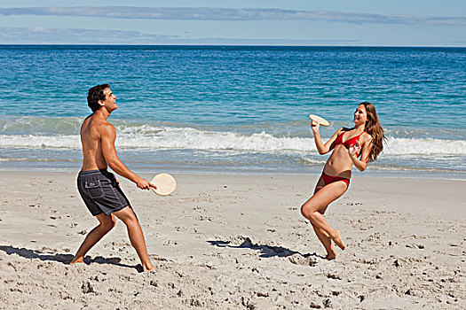 幸福伴侣,玩,海滩,球拍